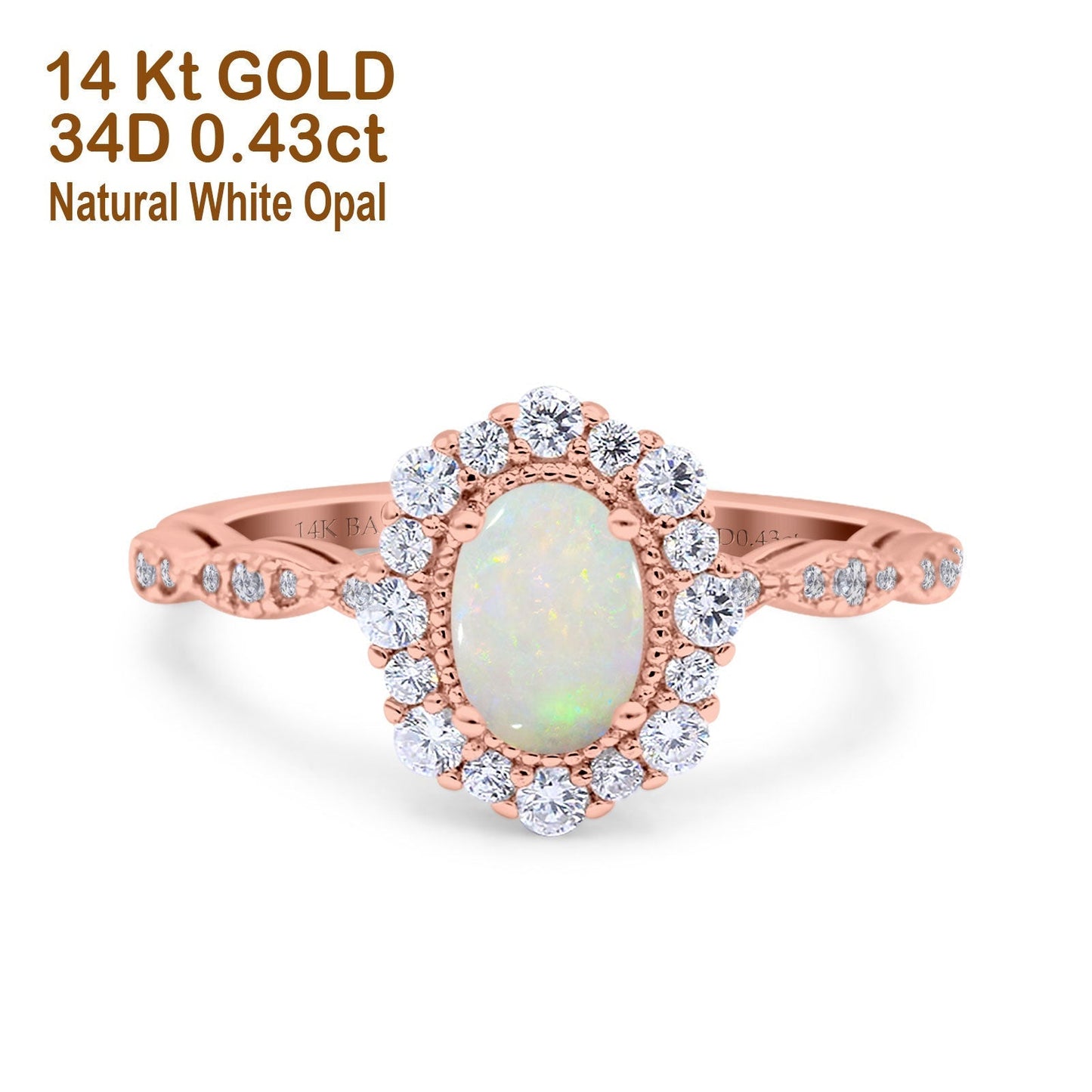 14K Rose Gold 0.43ct Vintage Art Deco Halo Oval 7mmx5mm G SI Natural White Opal Diamond Engagement Wedding Ring Size 6.5