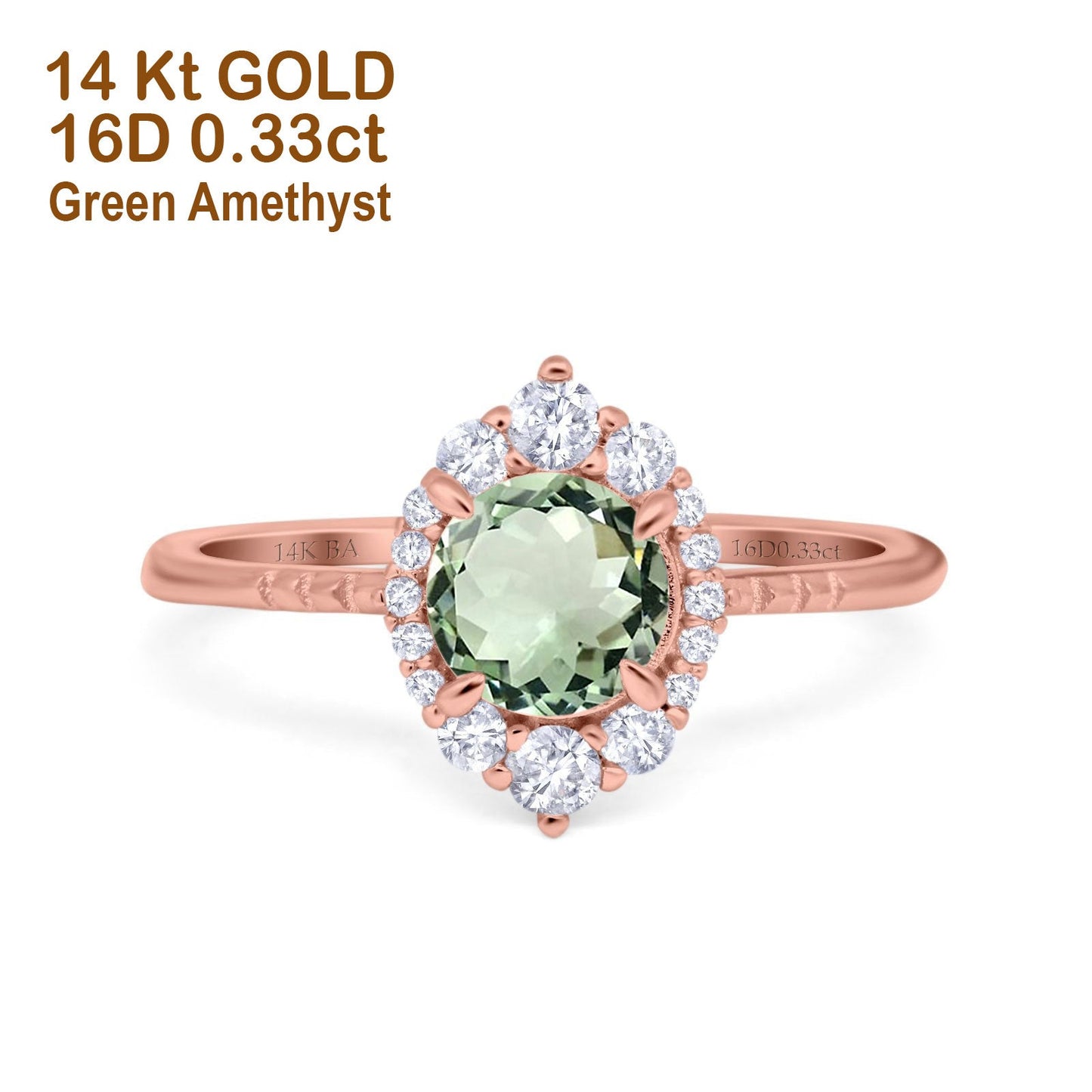 14K Rose Gold 1.61ct Halo Vintage Round 7mm G SI Natural Green Amethyst Diamond Engagement Wedding Ring Size 6.5