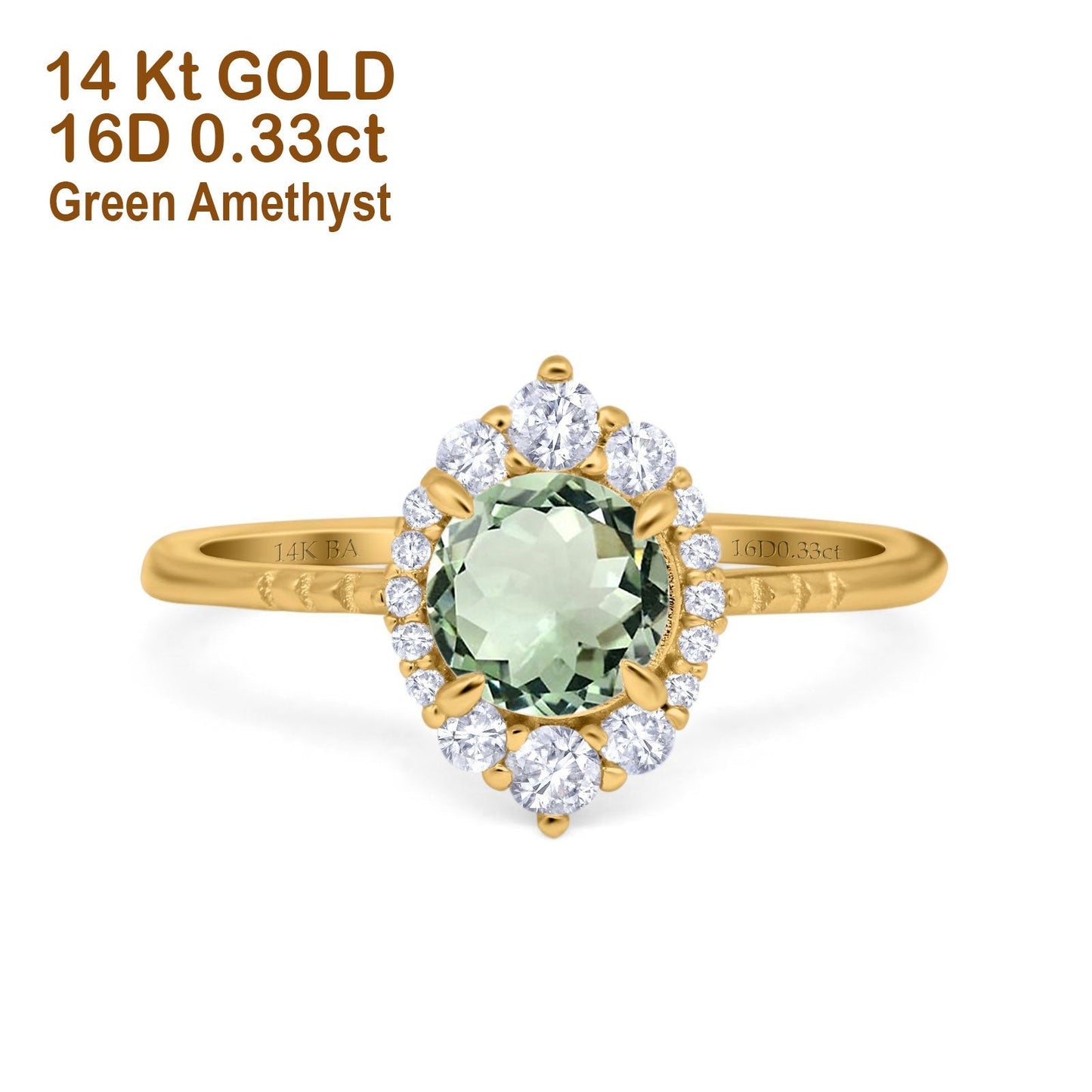 14K Yellow Gold 1.61ct Halo Vintage Round 7mm G SI Natural Green Amethyst Diamond Engagement Wedding Ring Size 6.5