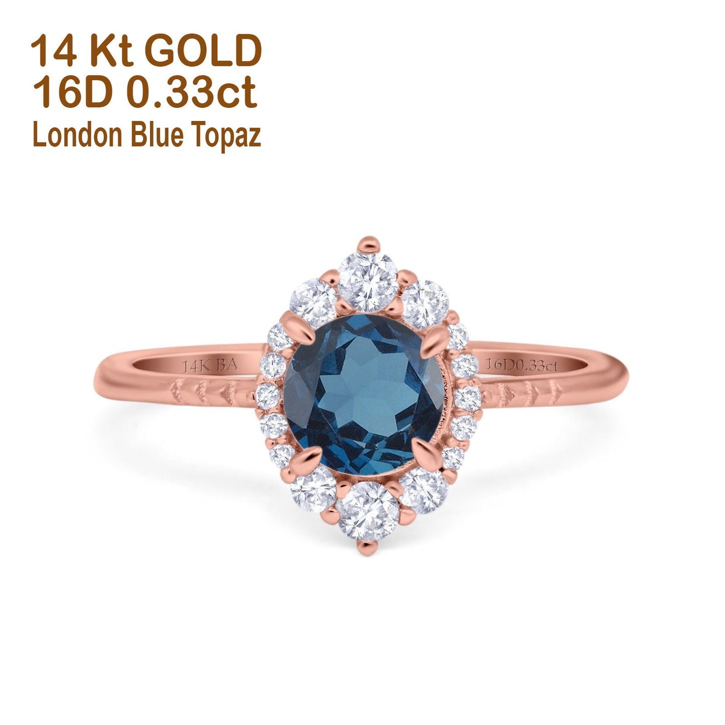 Bague de fiançailles en or rose 14 carats avec diamant rond de 7 mm et topaze bleue de Londres de 1,61 ct et halo vintage, taille 6,5