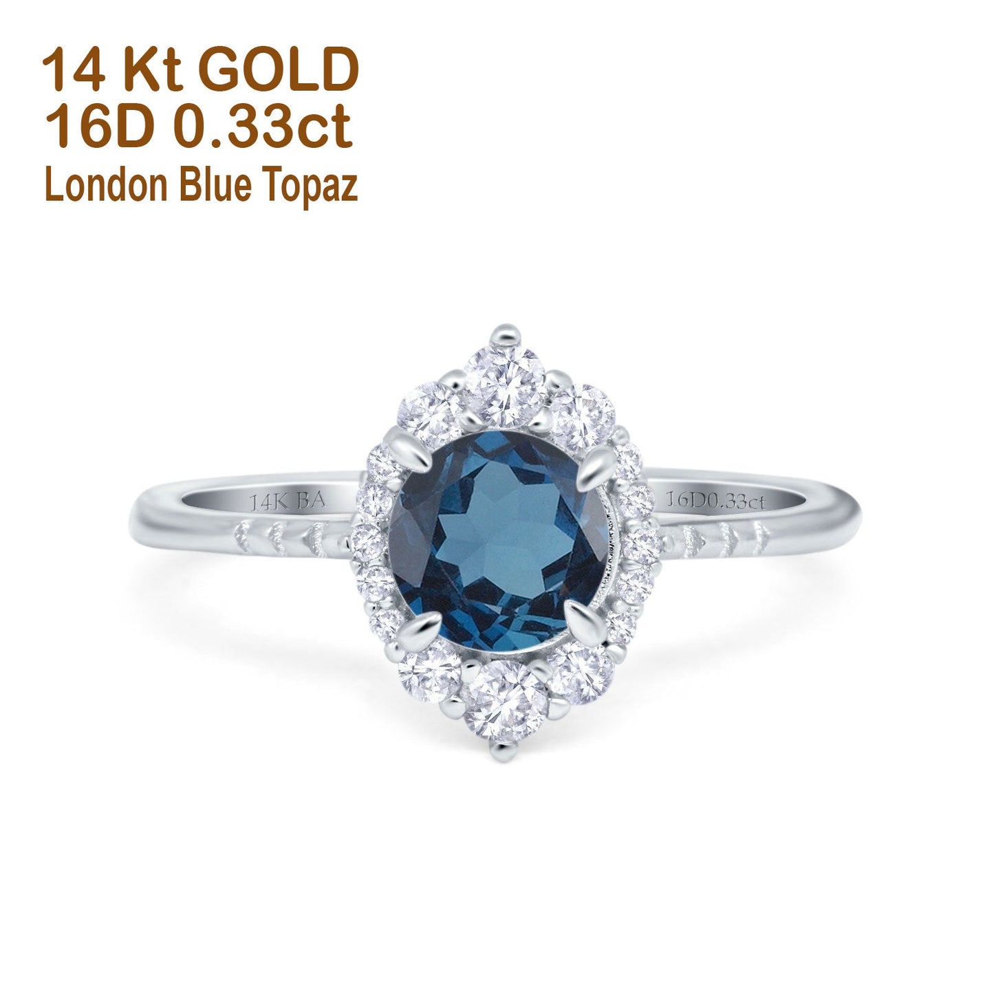 14K White Gold 1.61ct Halo Vintage Round 7mm G SI London Blue Topaz Diamond Engagement Wedding Ring Size 6.5