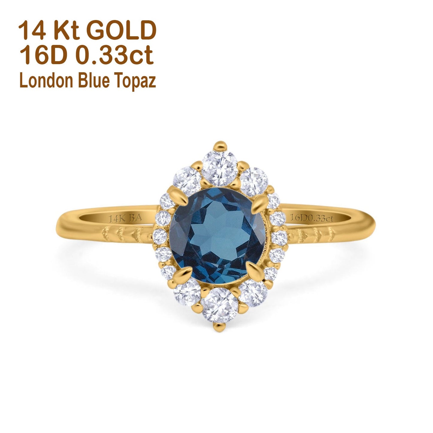 14K Yellow Gold 1.61ct Halo Vintage Round 7mm G SI London Blue Topaz Diamond Engagement Wedding Ring Size 6.5