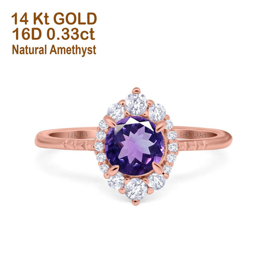 14K Rose Gold 1.61ct Halo Vintage Round 7mm G SI Natural Amethyst Diamond Engagement Wedding Ring Size 6.5