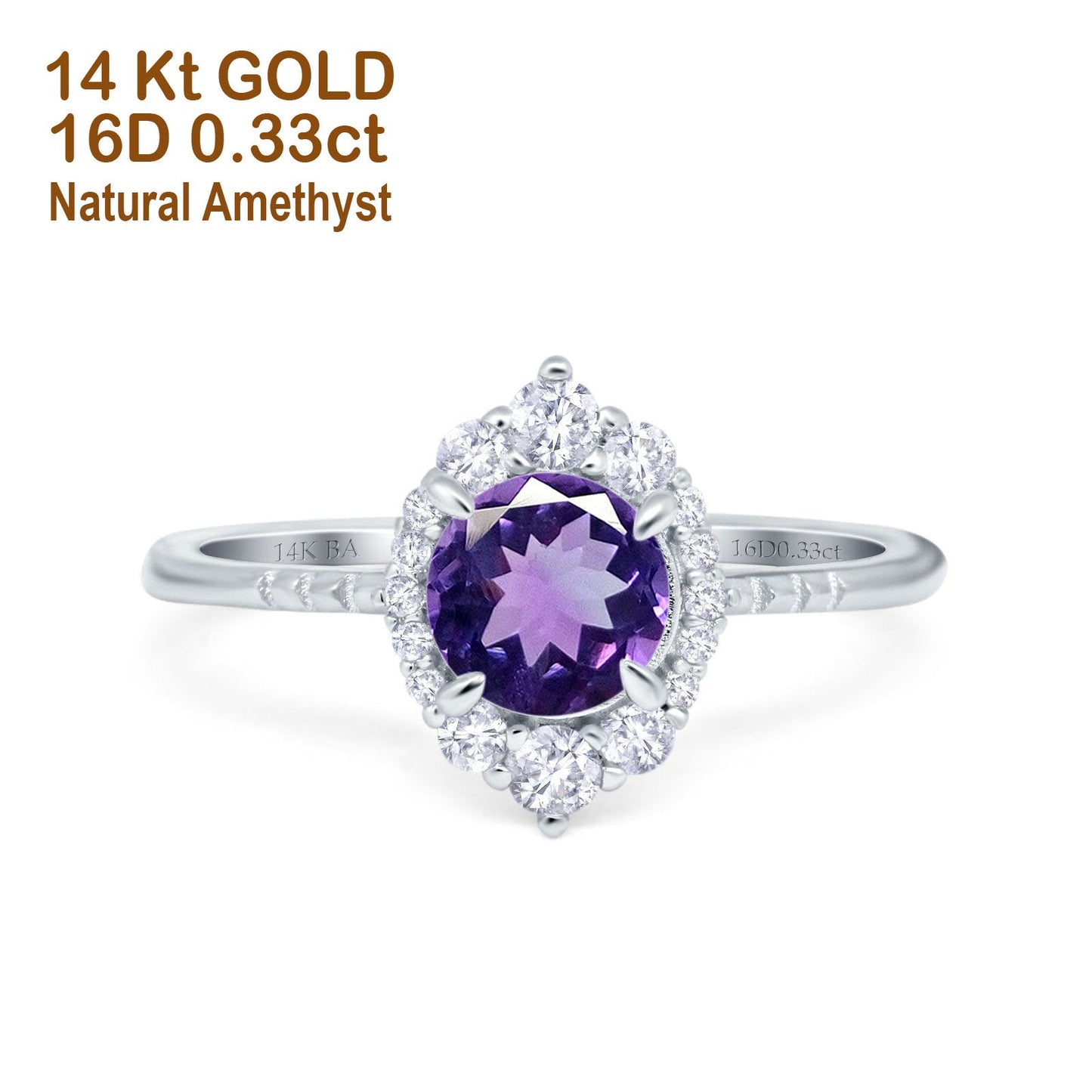 14K White Gold 1.61ct Halo Vintage Round 7mm G SI Natural Amethyst Diamond Engagement Wedding Ring Size 6.5