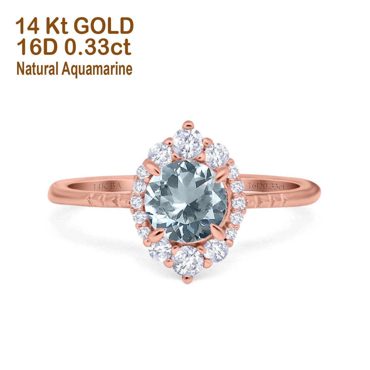 Bague de fiançailles en or rose 14 carats avec halo vintage rond de 7 mm et diamant aigue-marine naturel G SI de 1,61 ct, taille 6,5