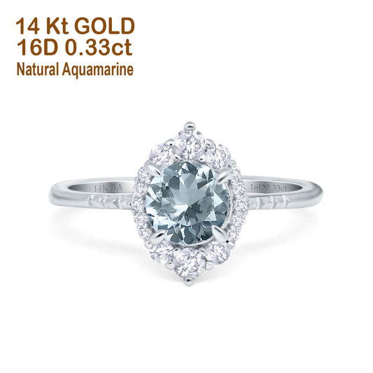 14K White Gold 1.61ct Halo Vintage Round 7mm G SI Natural Aquamarine Diamond Engagement Wedding Ring Size 6.5