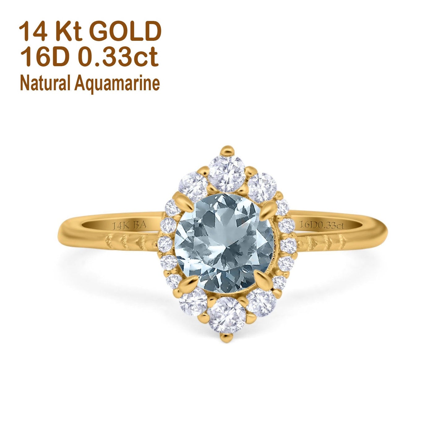 14K Yellow Gold 1.61ct Halo Vintage Round 7mm G SI Natural Aquamarine Diamond Engagement Wedding Ring Size 6.5