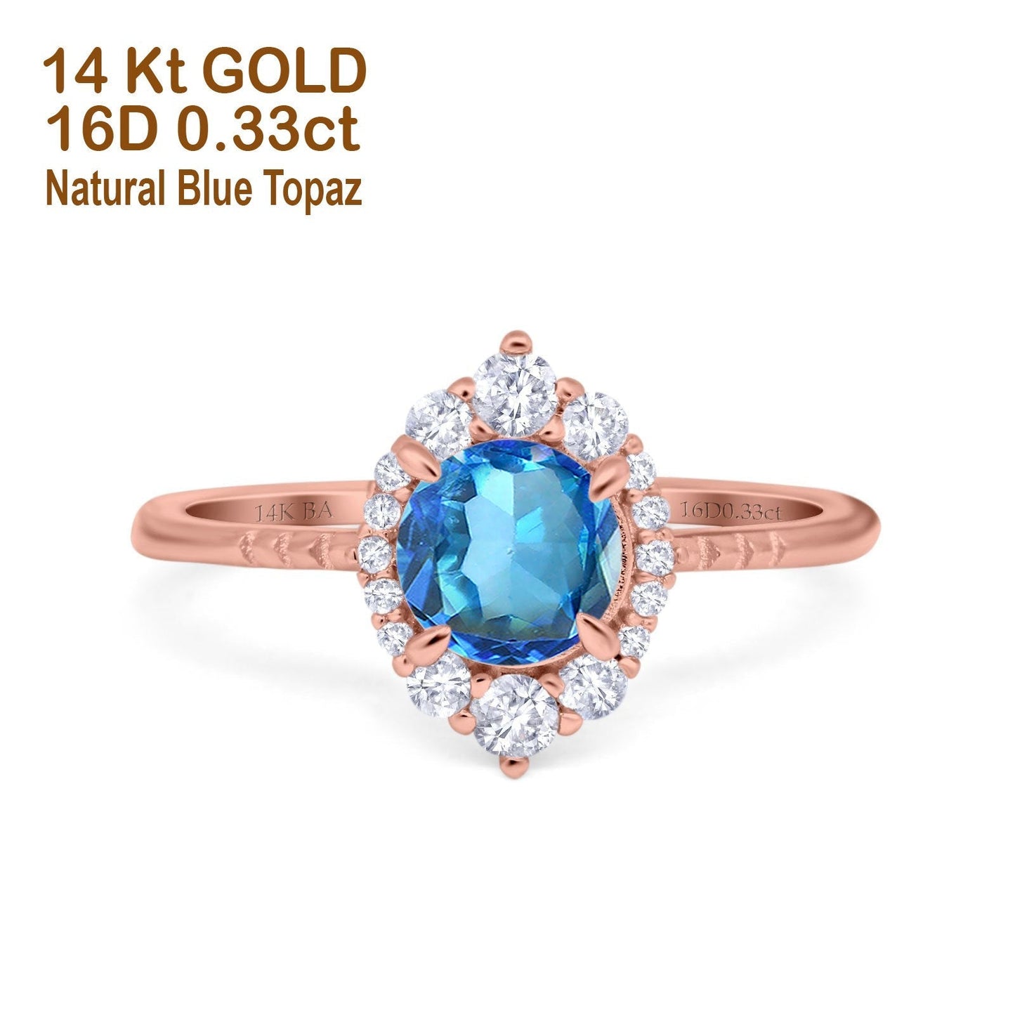 Bague de fiançailles en or rose 14 carats avec diamant rond de 7 mm et halo de 1,61 ct, taille G SI, topaze bleue naturelle, taille 6,5