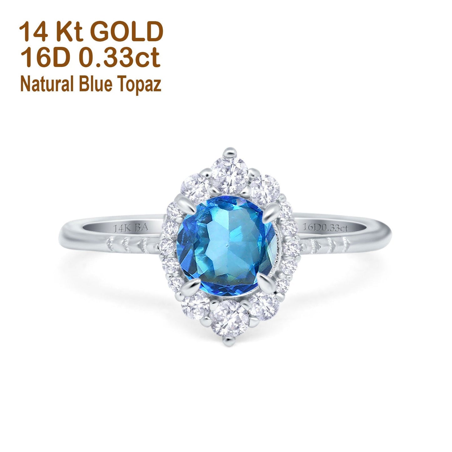 14K White Gold 1.61ct Halo Vintage Round 7mm G SI Natural Blue Topaz Diamond Engagement Wedding Ring Size 6.5