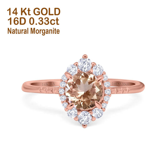 14K Rose Gold 1.61ct Halo Vintage Round 7mm G SI Natural Morganite Diamond Engagement Wedding Ring Size 6.5