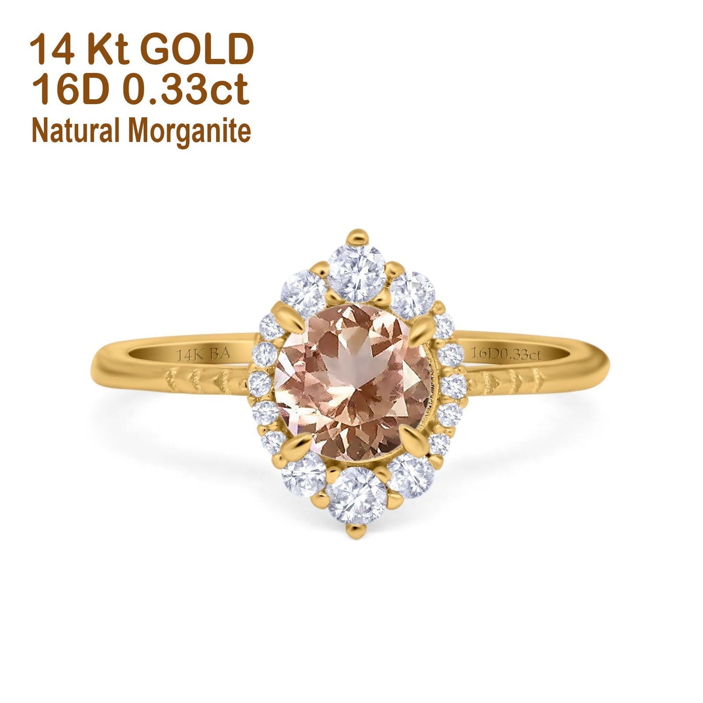 14K Yellow Gold 1.61ct Halo Vintage Round 7mm G SI Natural Morganite Diamond Engagement Wedding Ring Size 6.5