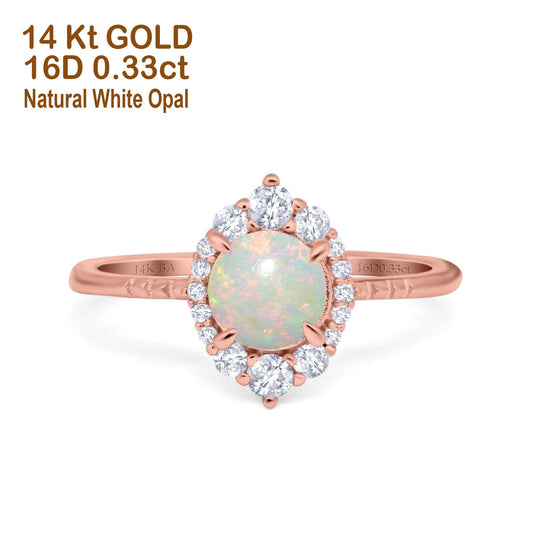 14K Rose Gold 0.33ct Halo Vintage Round 7mm G SI Natural White Opal Diamond Engagement Wedding Ring Size 6.5