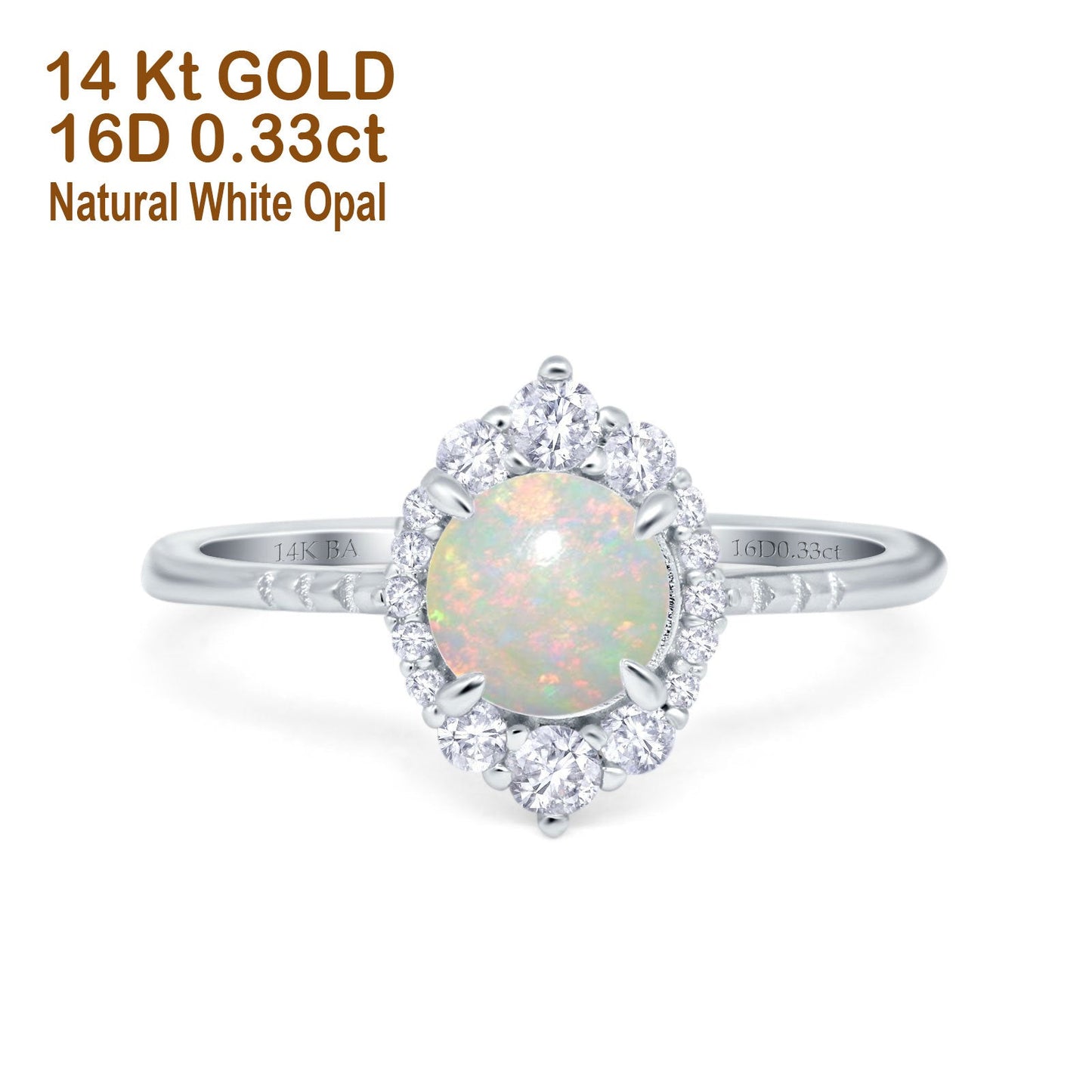 14K White Gold 0.33ct Halo Vintage Round 7mm G SI Natural White Opal Diamond Engagement Wedding Ring Size 6.5