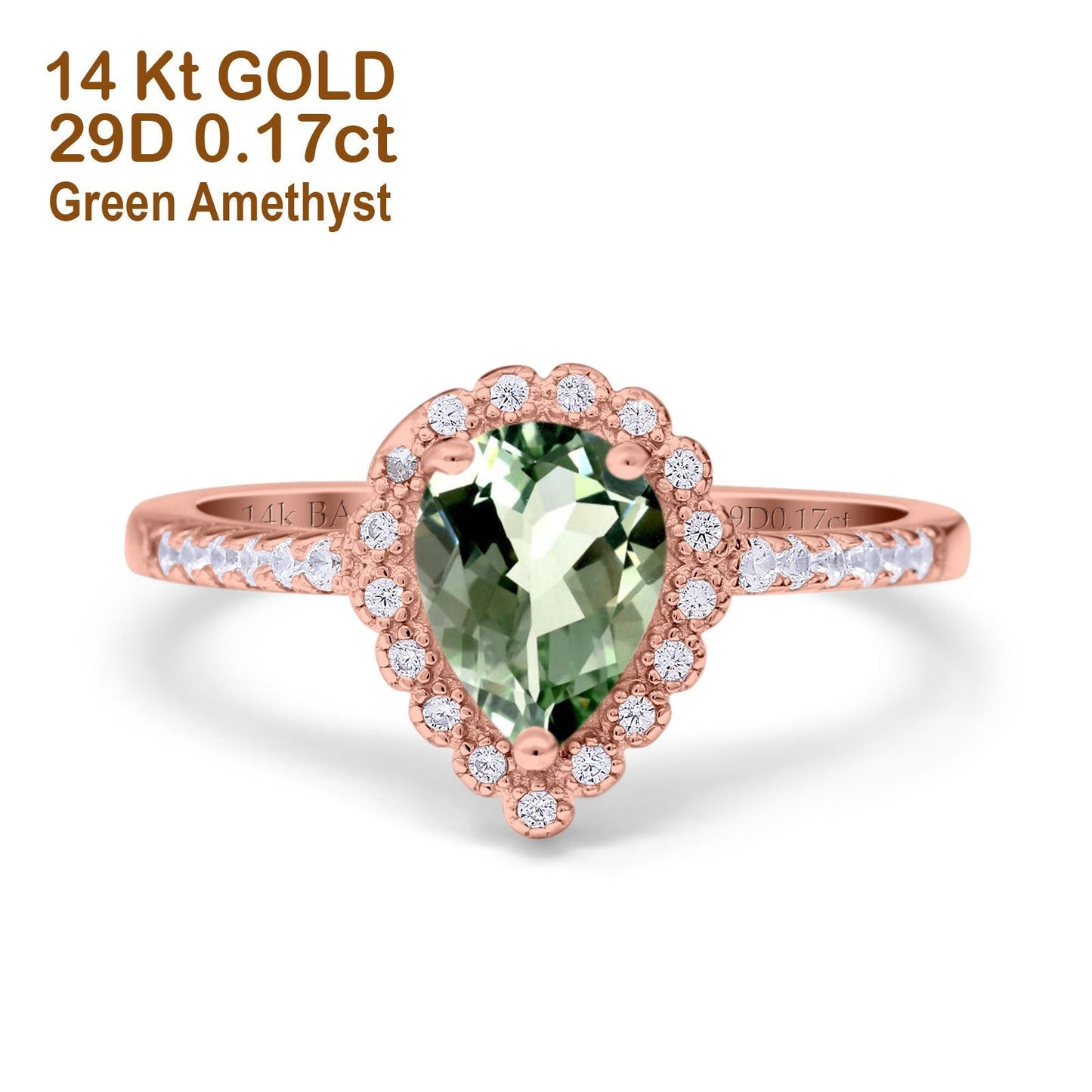 Bague de fiançailles en or rose 14 carats 1,42 ct en forme de larme avec halo en forme de poire 8 mm x 6 mm G SI avec améthyste verte naturelle et diamant, taille 6,5