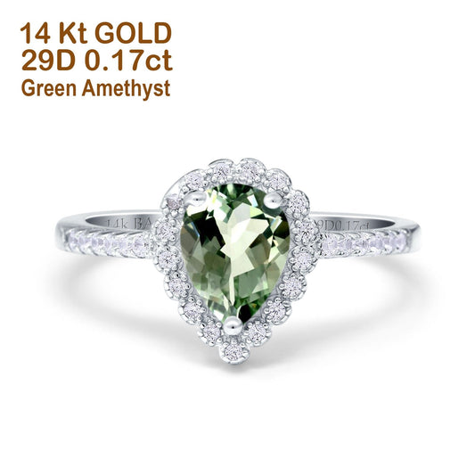 14K White Gold 1.42ct Teardrop Pear Halo 8mmx6mm G SI Natural Green Amethyst Diamond Engagement Wedding Ring Size 6.5