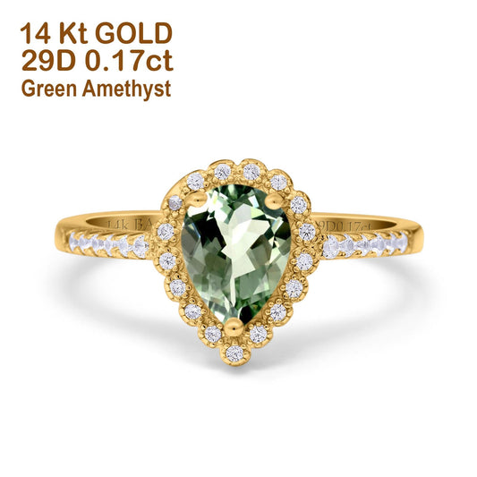 14K Yellow Gold 1.42ct Teardrop Pear Halo 8mmx6mm G SI Natural Green Amethyst Diamond Engagement Wedding Ring Size 6.5