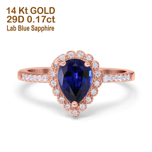 14K Rose Gold 1.42ct Teardrop Pear Halo 8mmx6mm G SI Lab Blue Sapphire Diamond Engagement Wedding Ring Size 6.5