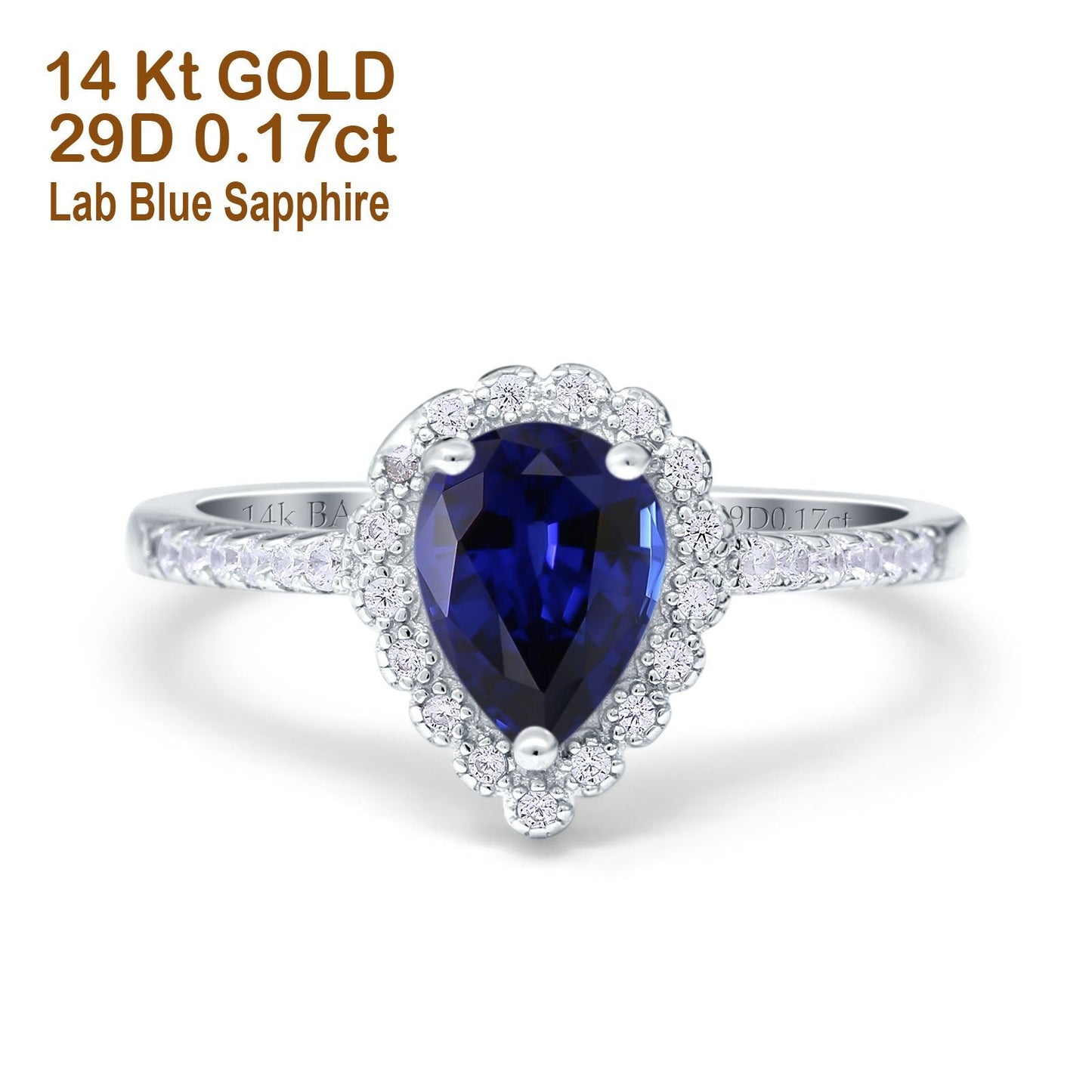 14K White Gold 1.42ct Teardrop Pear Halo 8mmx6mm G SI Lab Blue Sapphire Diamond Engagement Wedding Ring Size 6.5