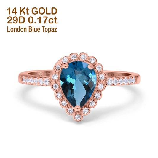 14K Rose Gold 1.42ct Teardrop Pear Halo 8mmx6mm G SI London Blue Topaz Diamond Engagement Wedding Ring Size 6.5