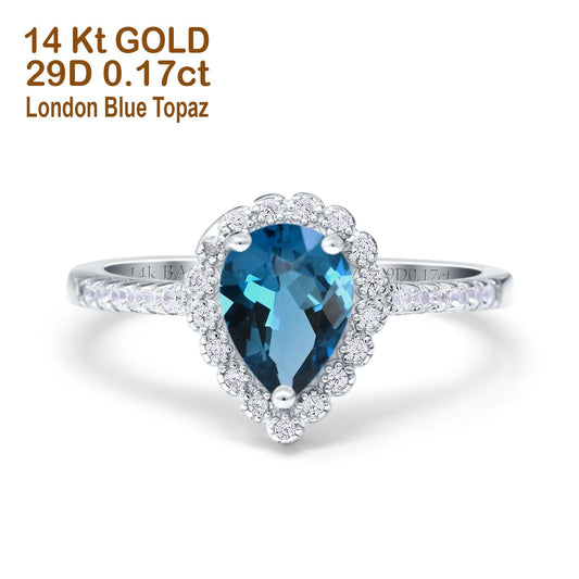 14K White Gold 1.42ct Teardrop Pear Halo 8mmx6mm G SI London Blue Topaz Diamond Engagement Wedding Ring Size 6.5