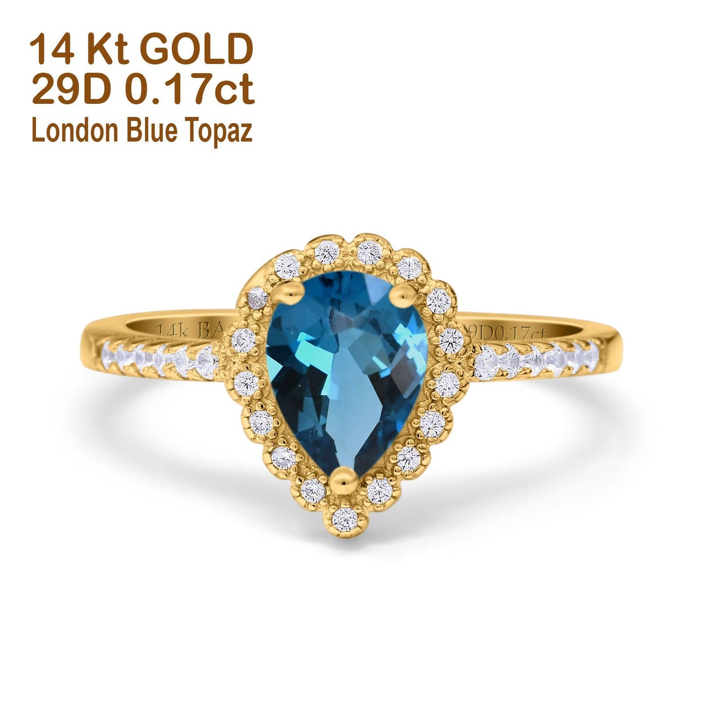 14K Yellow Gold 1.42ct Teardrop Pear Halo 8mmx6mm G SI London Blue Topaz Diamond Engagement Wedding Ring Size 6.5