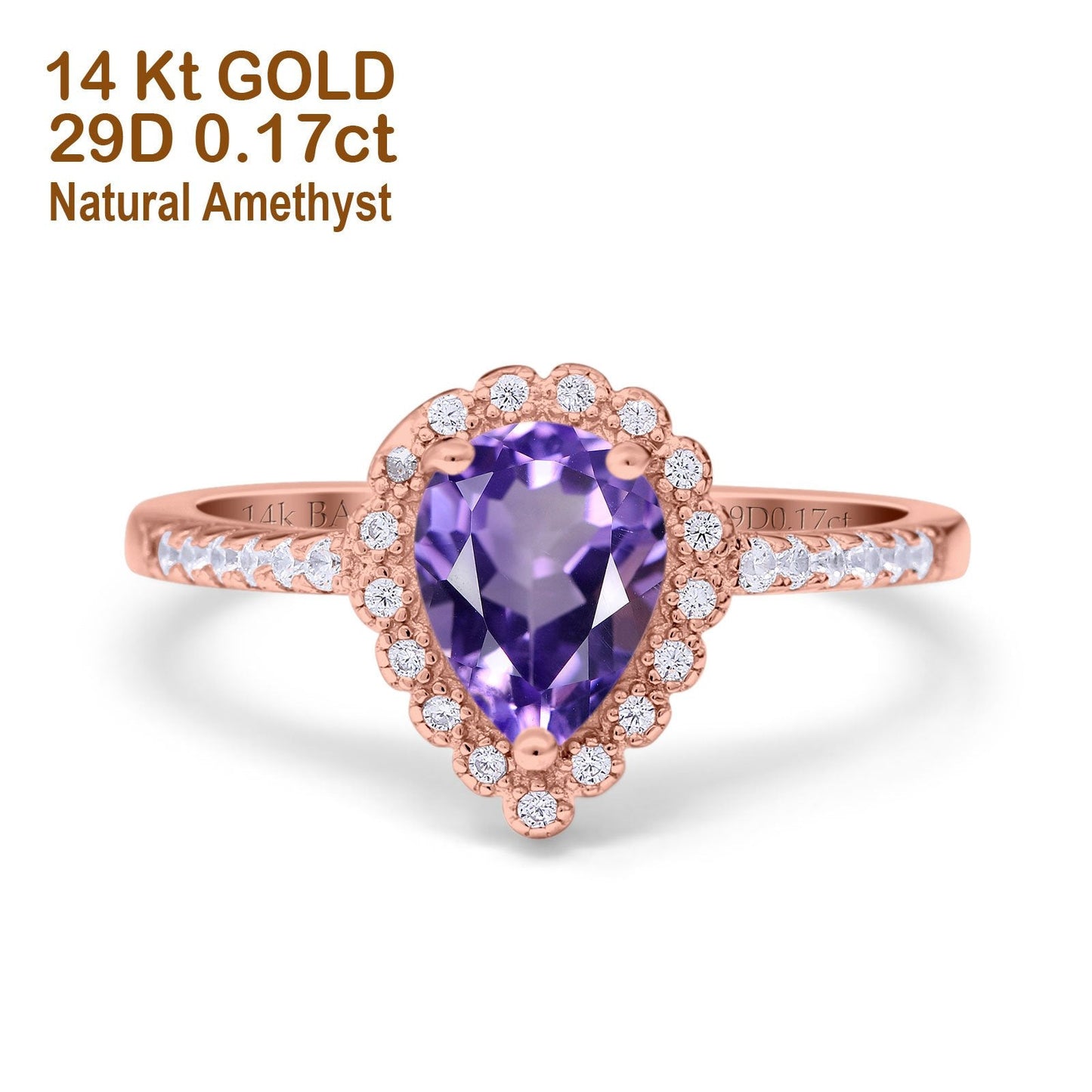 14K Rose Gold 1.42ct Teardrop Pear Halo 8mmx6mm G SI Natural Amethyst Diamond Engagement Wedding Ring Size 6.5