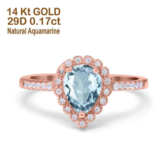 14K Rose Gold 1.42ct Teardrop Pear Halo 8mmx6mm G SI Natural Aquamarine Diamond Engagement Wedding Ring Size 6.5