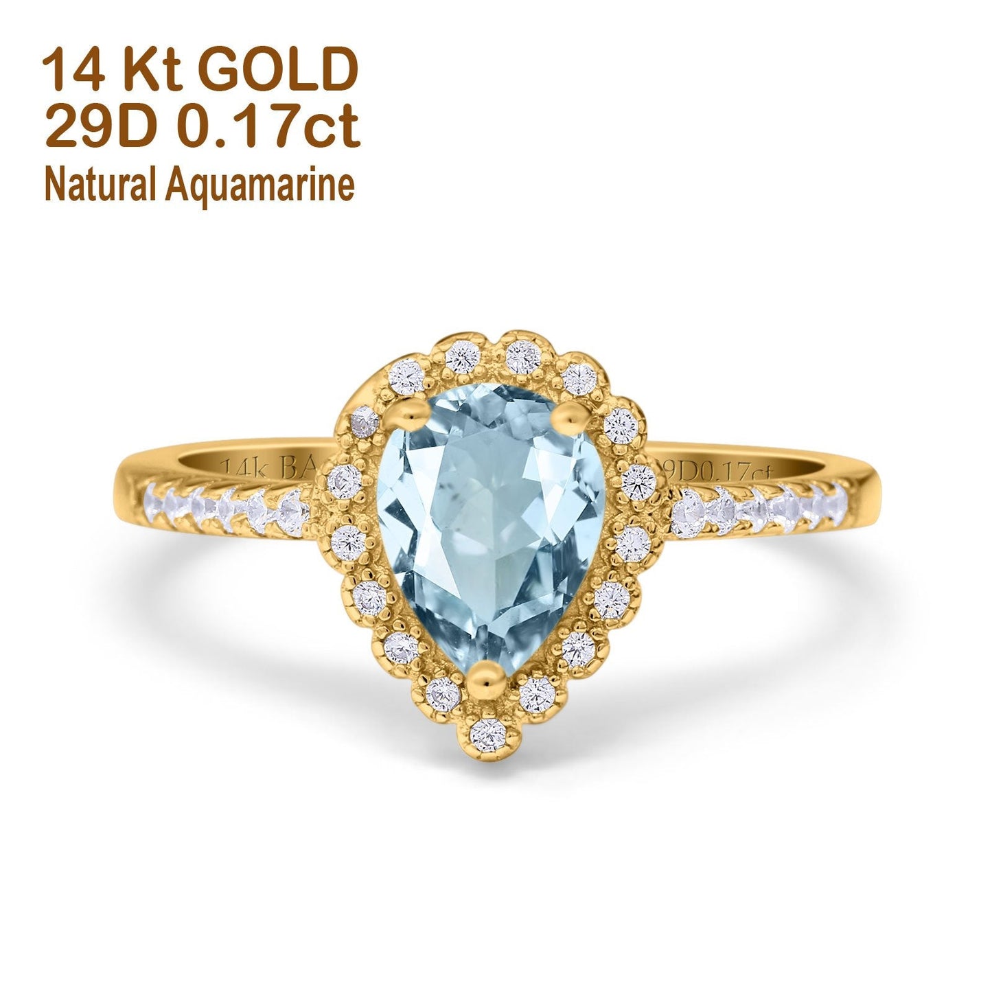 14K Yellow Gold 1.42ct Teardrop Pear Halo 8mmx6mm G SI Natural Aquamarine Diamond Engagement Wedding Ring Size 6.5