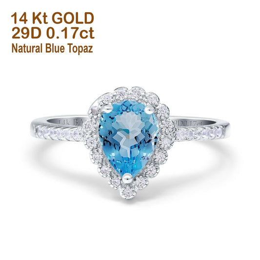 14K White Gold 1.42ct Teardrop Pear Halo 8mmx6mm G SI Natural Blue Topaz Diamond Engagement Wedding Ring Size 6.5