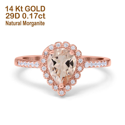 14K Rose Gold 1.42ct Teardrop Pear Halo 8mmx6mm G SI Natural Morganite Diamond Engagement Wedding Ring Size 6.5