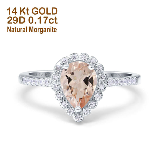 14K White Gold 1.42ct Teardrop Pear Halo 8mmx6mm G SI Natural Morganite Diamond Engagement Wedding Ring Size 6.5