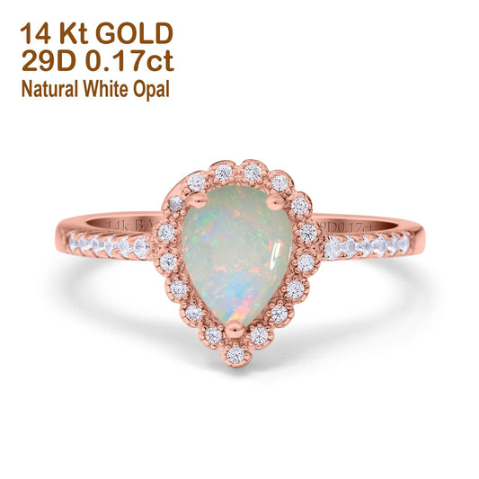 14K Rose Gold 0.17ct Teardrop Pear Halo 8mmx6mm G SI Natural White Opal Diamond Engagement Wedding Ring Size 6.5