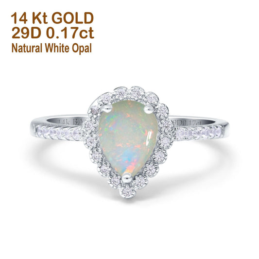 14K White Gold 0.17ct Teardrop Pear Halo 8mmx6mm G SI Natural White Opal Diamond Engagement Wedding Ring Size 6.5