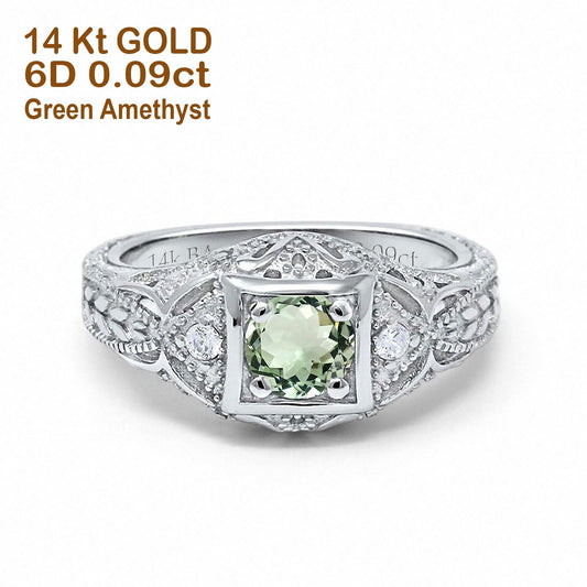 14K White Gold 0.15ct Round Antique Style 5mm G SI Natural Green Amethyst Diamond Engagement Wedding Ring Size 6.5