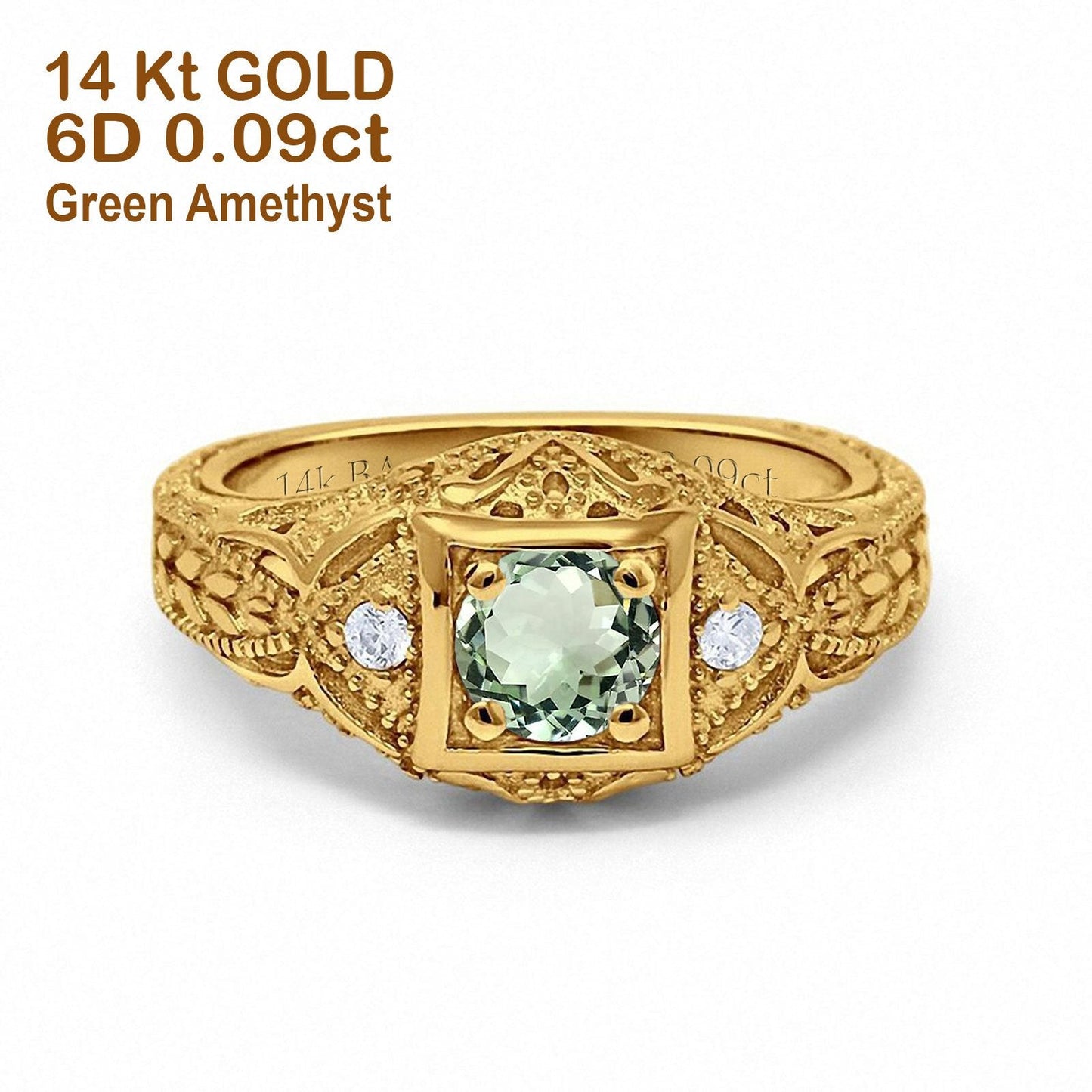 14K Yellow Gold 0.15ct Round Antique Style 5mm G SI Natural Green Amethyst Diamond Engagement Wedding Ring Size 6.5