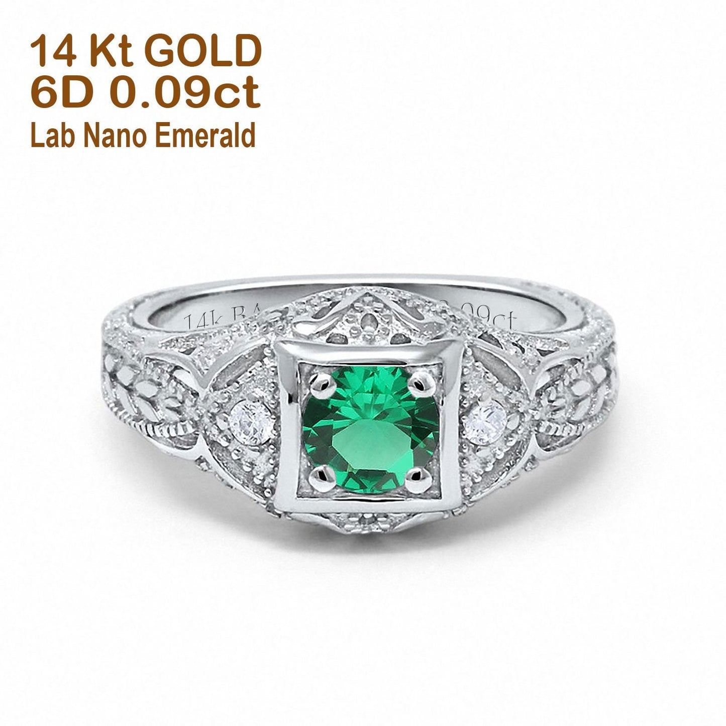 14K White Gold 0.15ct Round Antique Style 5mm G SI Nano Emerald Diamond Engagement Wedding Ring Size 6.5