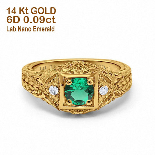 14K Yellow Gold 0.15ct Round Antique Style 5mm G SI Nano Emerald Diamond Engagement Wedding Ring Size 6.5