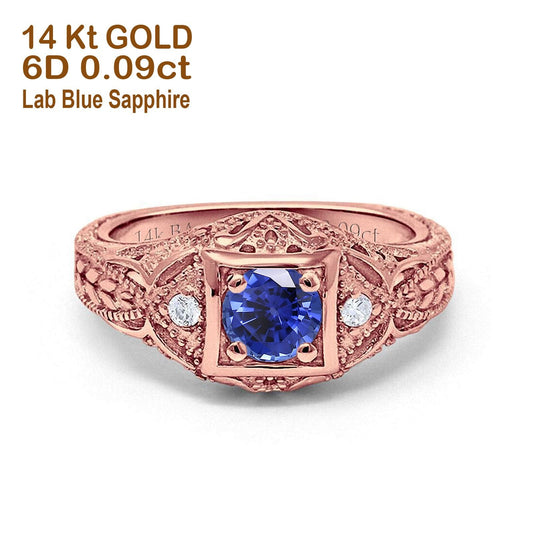 14K Rose Gold 0.15ct Round Antique Style 5mm G SI Lab Blue Sapphire Diamond Engagement Wedding Ring Size 6.5