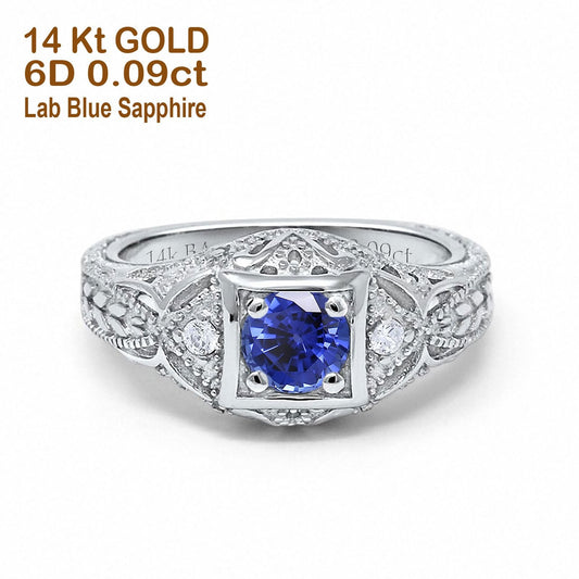 14K White Gold 0.15ct Round Antique Style 5mm G SI Lab Blue Sapphire Diamond Engagement Wedding Ring Size 6.5