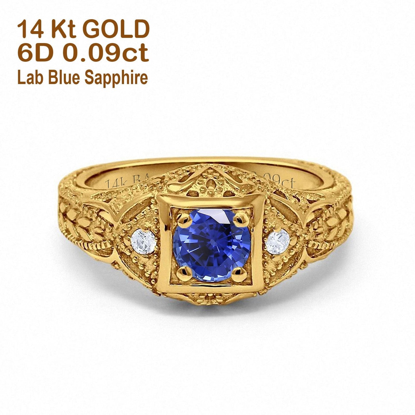 14K Yellow Gold 0.15ct Round Antique Style 5mm G SI Lab Blue Sapphire Diamond Engagement Wedding Ring Size 6.5