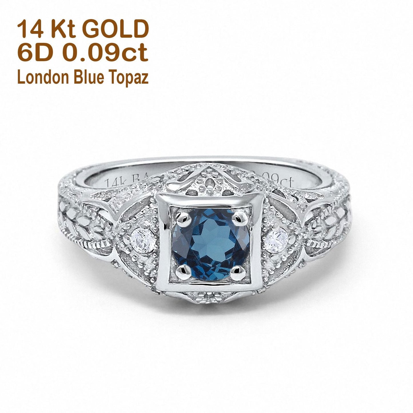 14K White Gold 0.15ct Round Antique Style 5mm G SI London Blue Topaz Diamond Engagement Wedding Ring Size 6.5