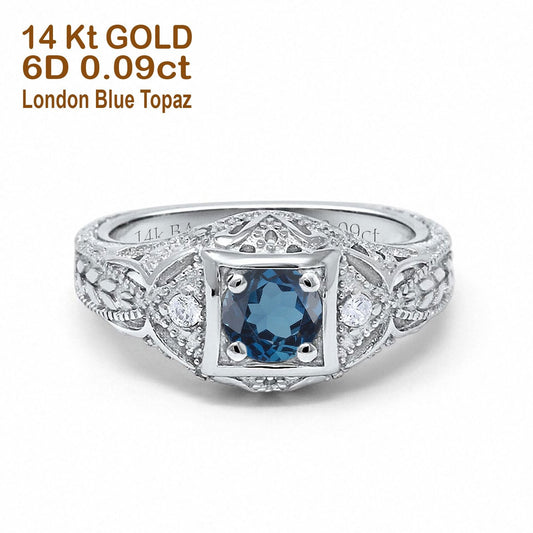 14K White Gold 0.15ct Round Antique Style 5mm G SI London Blue Topaz Diamond Engagement Wedding Ring Size 6.5