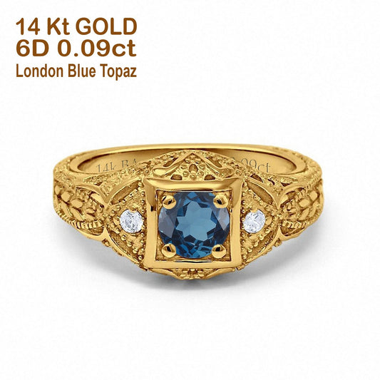 14K Yellow Gold 0.15ct Round Antique Style 5mm G SI London Blue Topaz Diamond Engagement Wedding Ring Size 6.5