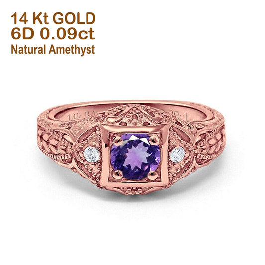 14K Rose Gold 0.15ct Round Antique Style 5mm G SI Natural Amethyst Diamond Engagement Wedding Ring Size 6.5