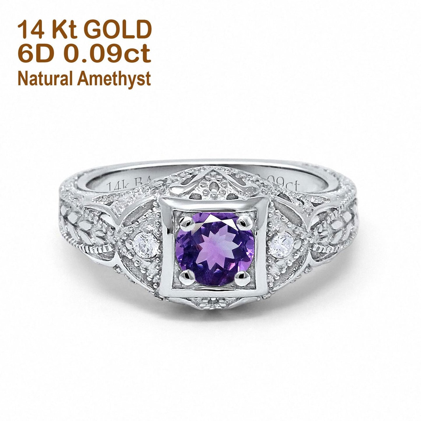 14K White Gold 0.15ct Round Antique Style 5mm G SI Natural Amethyst Diamond Engagement Wedding Ring Size 6.5