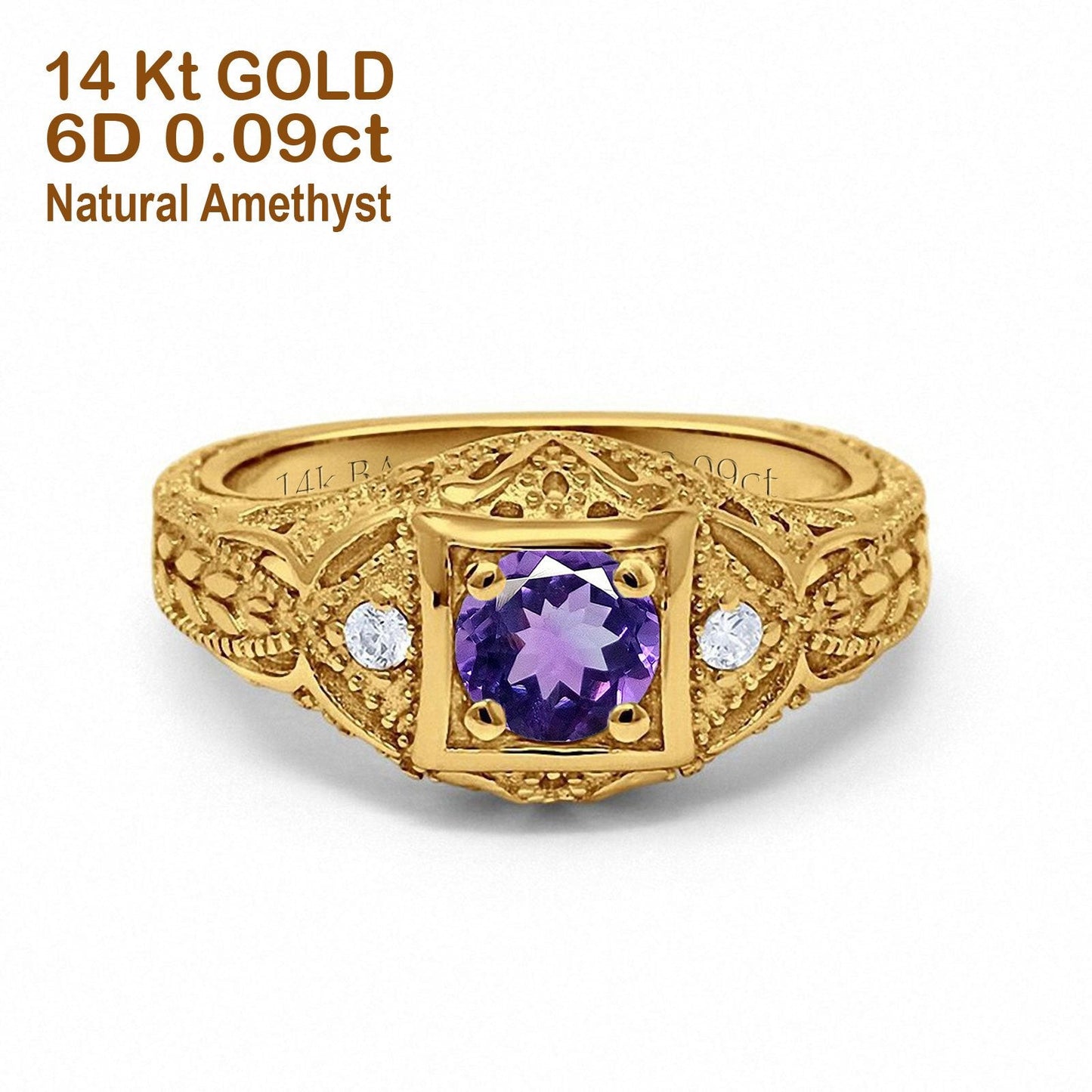 14K Yellow Gold 0.15ct Round Antique Style 5mm G SI Natural Amethyst Diamond Engagement Wedding Ring Size 6.5