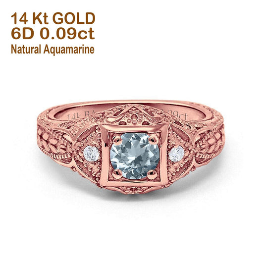 14K Rose Gold 0.15ct Round Antique Style 5mm G SI Natural Aquamarine Diamond Engagement Wedding Ring Size 6.5