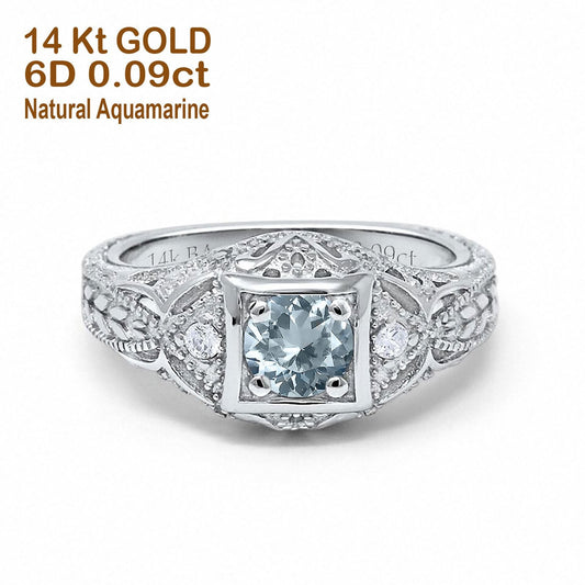 14K White Gold 0.15ct Round Antique Style 5mm G SI Natural Aquamarine Diamond Engagement Wedding Ring Size 6.5