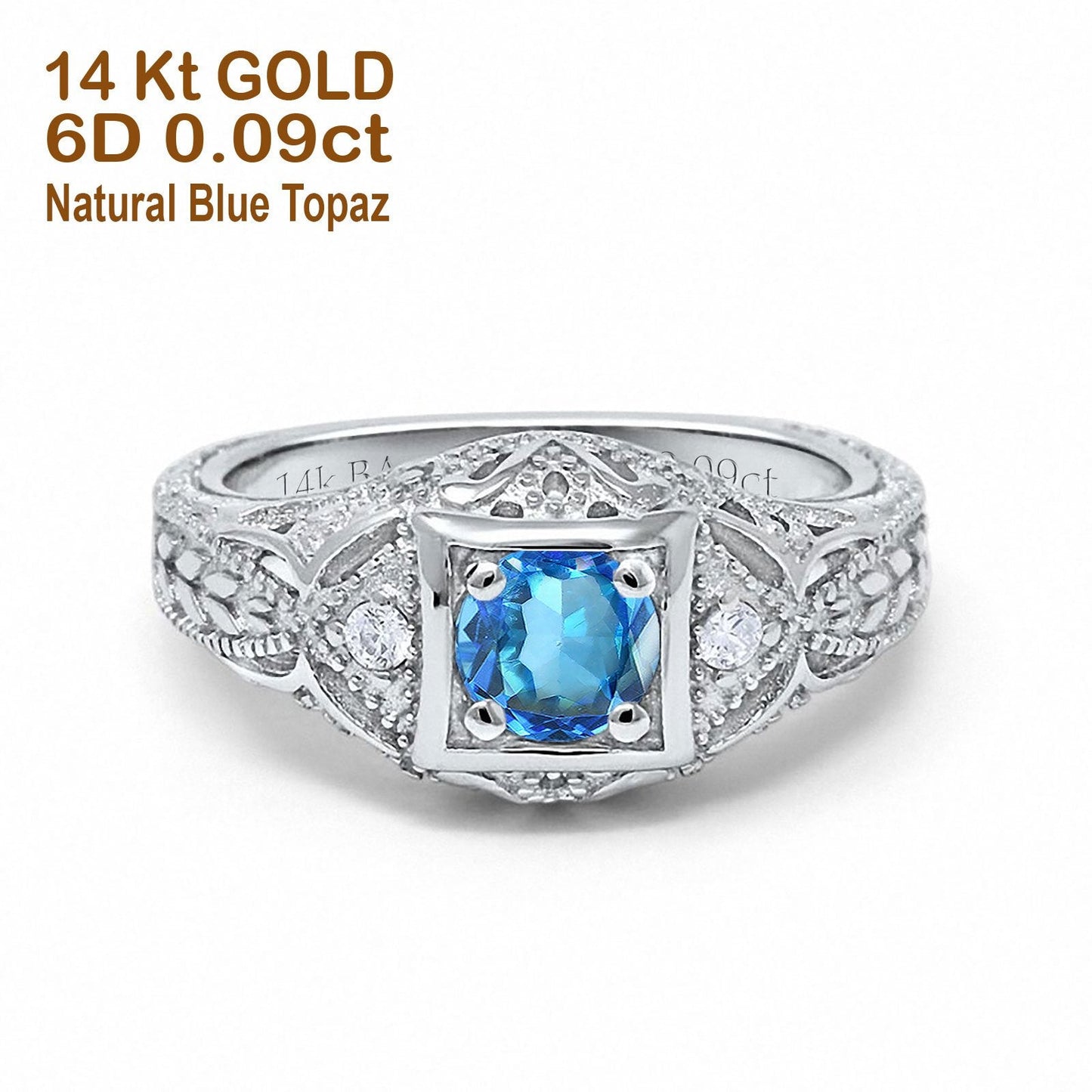 14K White Gold 0.15ct Round Antique Style 5mm G SI Natural Blue Topaz Diamond Engagement Wedding Ring Size 6.5