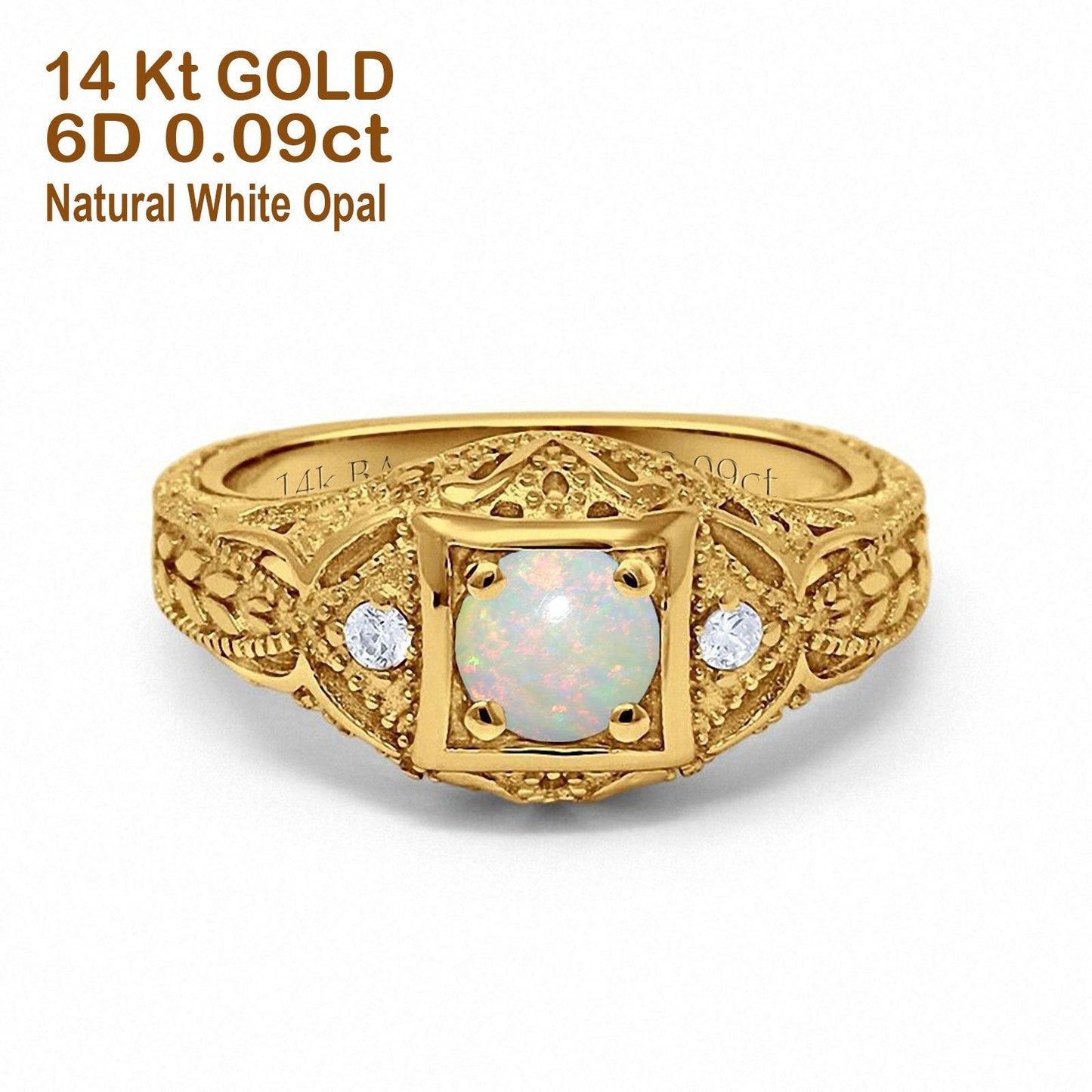 14K Yellow Gold 0.09ct Round Antique Style 5mm G SI Natural White Opal Diamond Engagement Wedding Ring Size 6.5